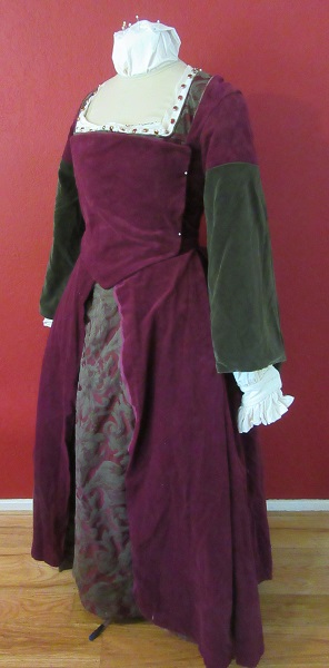 1500s Reproduction Henrician Olive and Burgandy Lady's Gown Tudor Left 3/4 View