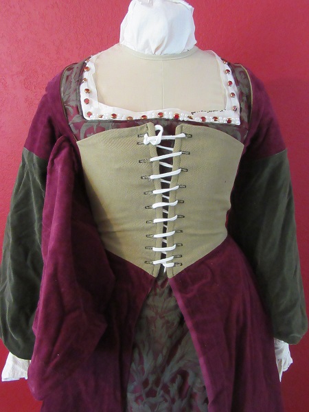 1500s Reproduction Henrician Olive and Burgandy Lady's Gown Tudor Bodice Lacing
