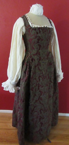 1500s Reproduction Olive and Burgandy Tudor Kirtle Right 3/4 View