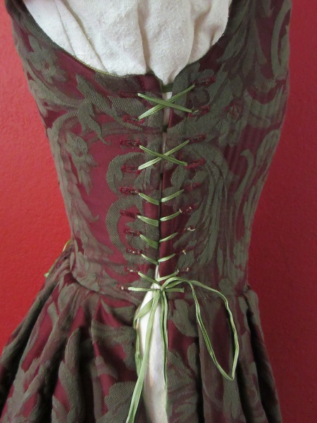 1500s Reproduction Olive and Burgandy Tudor Kirtle Side Lacing Right