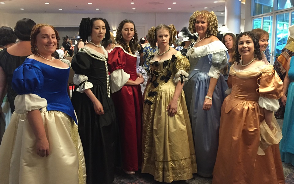 Reproduction 1660s Cavalier Baroque dresses at Costume College 2017.  