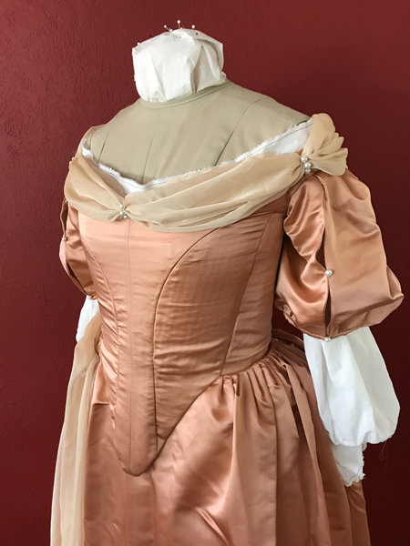 Reproduction 1660s Peach Bodice Left Quarter View.