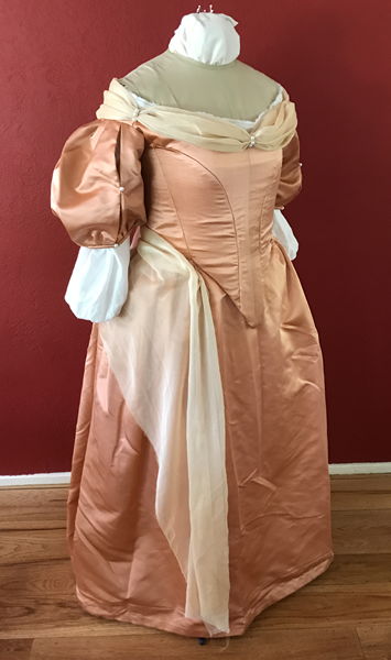 Reproduction 1660s Peach Dress Right Quarter View. 