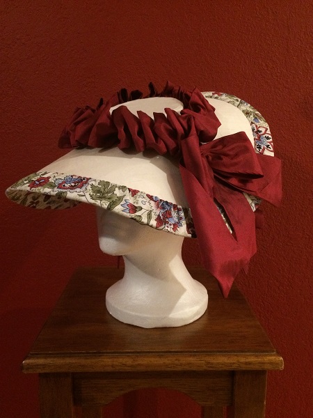 1770s Reproduction Bergere White Hat with Floral Bottom Left Quarter View.