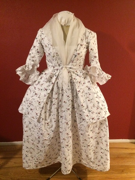 1770s Reproduction Ljusöga Caraco Panier Cotton Floral Dress Front. 