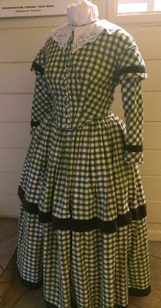 1840s Reproduction Green Plaid Daydress Left 3/4 View