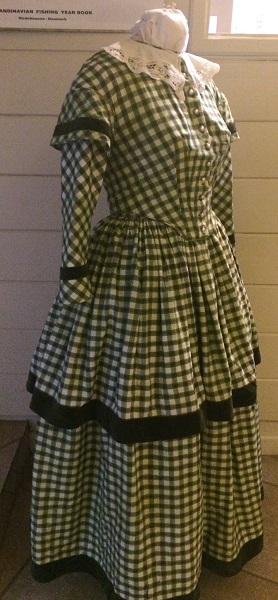1840s Reproduction Green Plaid Daydress Right 3/4 View