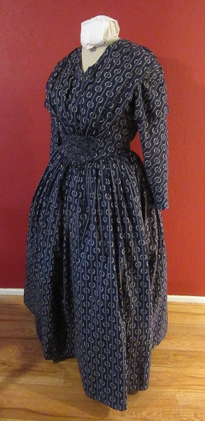 1840s Reproduction Fan Front Navy Daydress Left 3/4 View