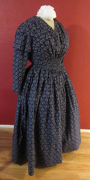 1840s Reproduction Fan Front Navy Daydress Right 3/4 View