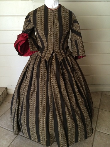 1850s Reproduction Victorian Black and Beige Day Dress with inside of pagoda sleeve showing