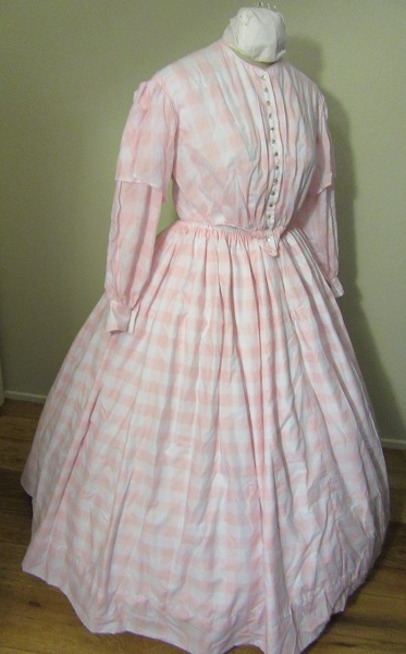 1850s Reproduction Sheer Pink Day Dress Petticoat Right Quarter View. 