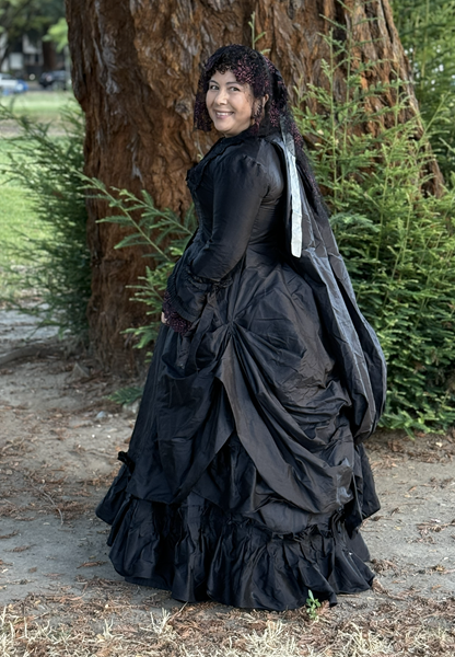 1870s Reproduction Black Watteau Bustle Dress at Crocker Artmix October 2026.  
