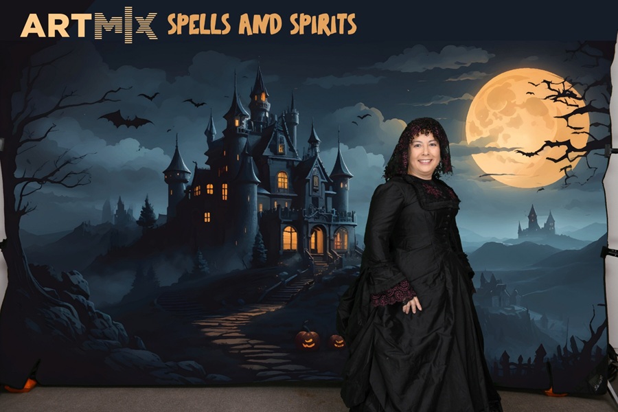 1870s Reproduction Black Watteau Bustle Dress at Crocker Artmix October 2026. Photo by Dez Vision Photography