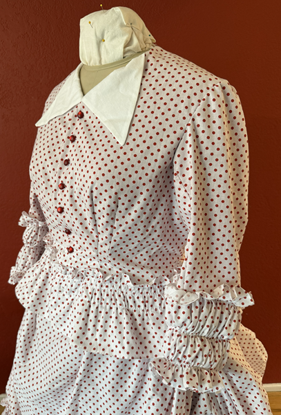 1870s Red Polka Dotted Dress Bodice Left Quarter View. Vogue V1537
