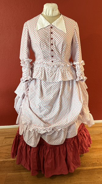 1870s Red Polka Dot Bustle Dress Front.