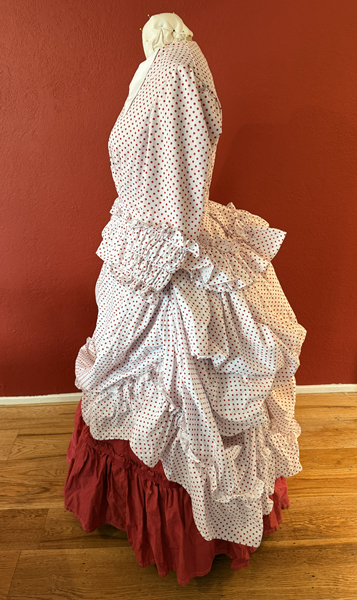 1870s Red Polka Dot Bustle Dress Left.