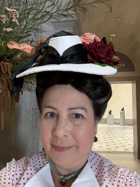 1870s Red Polka Dot Dress at Legion of Honor January 2026.  Hair pieces by Lana Lily and hat by 1886 Designs Chantal Filson