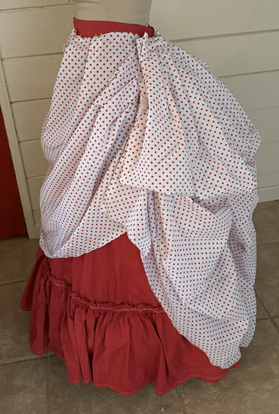 1870s Red Polka Dotted Overskirt and Bodice in progress draping.