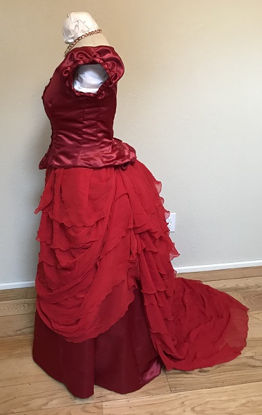 1870s Reproduction Red Bustle Dress Left. 