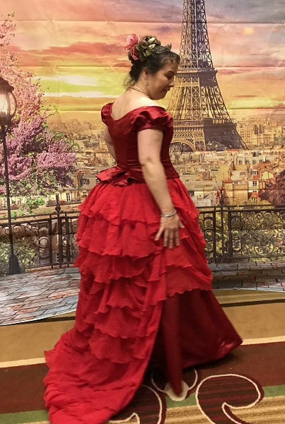 Reproduction 1870s red bustle evening dress