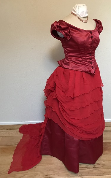 1870s Reproduction Red Bustle Dress Right Quarter View. 