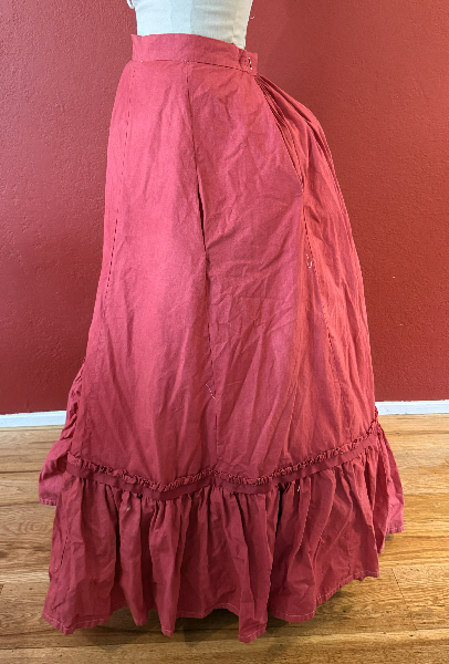 1870s Red Polka Dotted Overskirt Dress Left.  