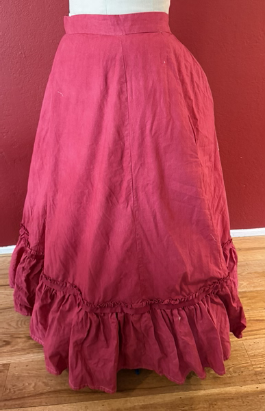 1870s Red Polka Dotted Overskirt Dress Left Quarter View.  
