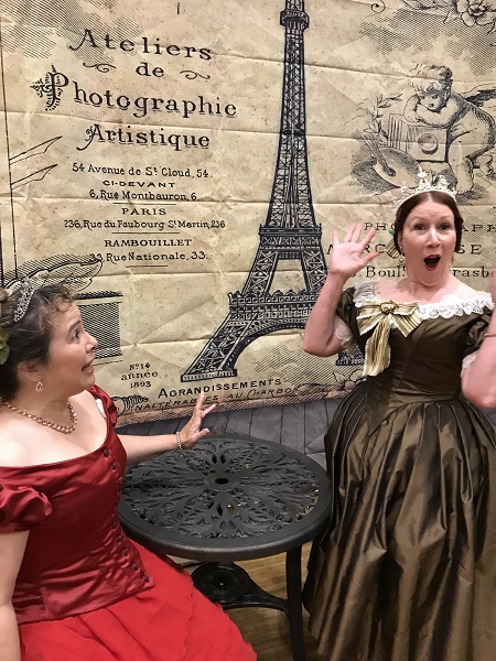 1870s Reproduction Red Bustle Dresses at Costume College 2018 social. 