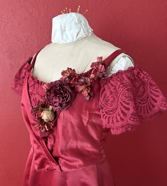 Reproduction 1890s Burgundy Ballgown Bodice Left Quarter View. Truly Victorian TV490