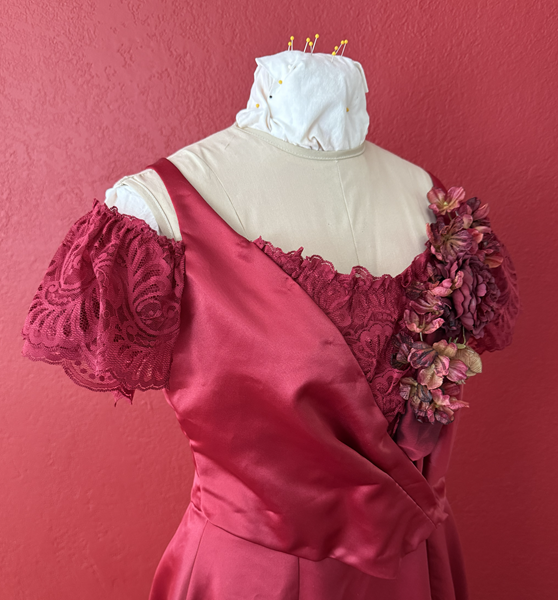 Reproduction 1890s Burgundy Ballgown Bodice Right Quarter View. Truly Victorian TV490 