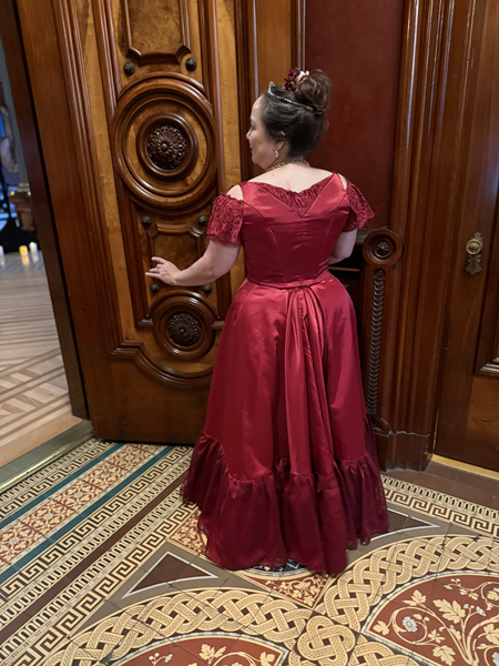 Reproduction 1890s Burgundy Ballgown at Crocker ArtMix Prom 2025. Truly Victorian TV490 and McCall's M8231