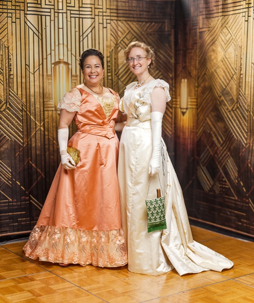 Reproduction 1890s Peach Ballgown at Costume College 2025. Photo by Mark Edwards Photographer