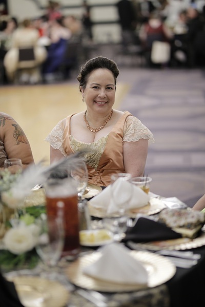 Reproduction 1890s Peach Ballgown at Costume College 2025. Photo by Art Andrews