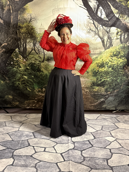 Reproduction 1890s Red Blouse and Black Skirt at Costume College 2025.