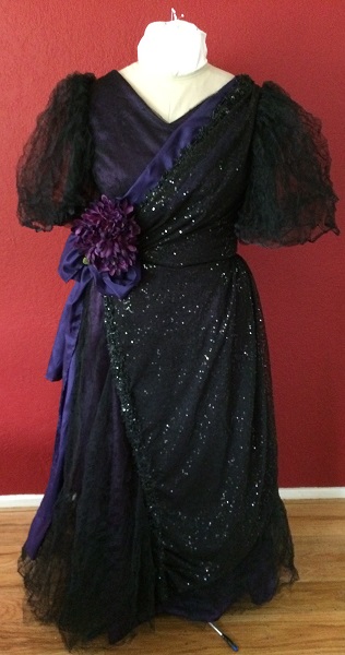 1890s Reproduction Black Tulle Ball Gown Dress trimmed with purple Front. 