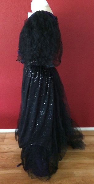 1890s Reproduction Black Tulle Ball Gown Dress trimmed with purple Left. 