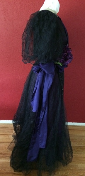 1890s Reproduction Black Tulle Ball Gown Dress trimmed with purple Right.