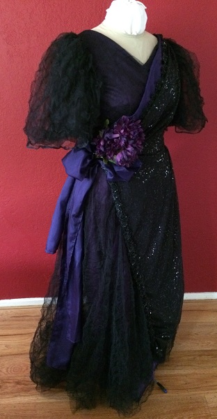 1890s Reproduction Black Tulle Ball Gown Dress trimmed with purple Right Quarter View. 