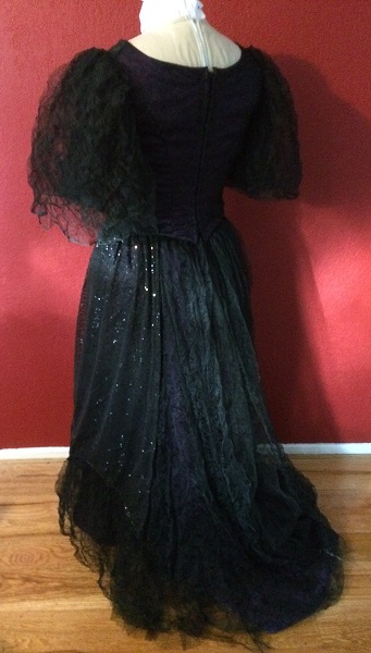 1890s Reproduction Black Tulle Ball Gown Dress  with Train Back Left Quarter View. 