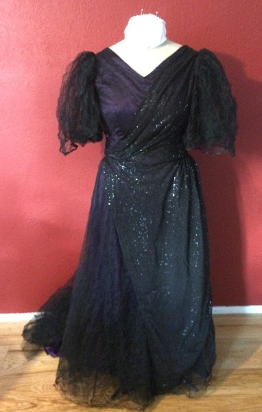 1890s Reproduction Black Tulle Ball Gown Dress with Train Front. 