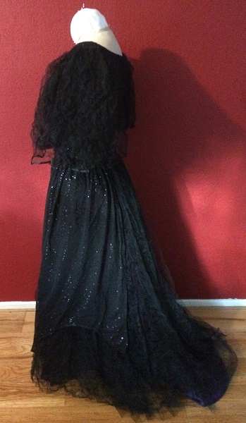 1890s Reproduction Black Tulle Ball Gown Dress  with Train Left. 