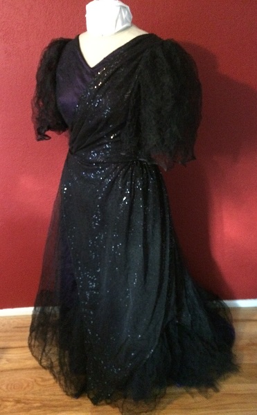 1890s Reproduction Black Tulle Ball Gown Dress with Train  Left Quarter View.