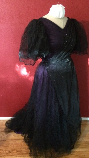 1890s Reproduction Black Tulle Ball Gown Dress  with Train  Right Quarter View. 