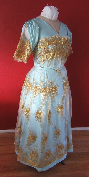 1890-1900s Reproduction Light Blue Ball Gown Dress Right Quarter View. Laughing Moon #101 and #103.