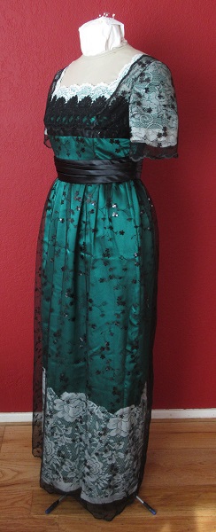 Reproduction 1910s Evening Dress Left Quarter View - Green with ivory lace and black net overlay. Butterick B6190