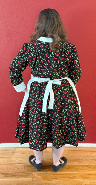 Reproduction 1950s Cherry Dress with Apron Back. Laughing Moon #134 Shirtwaist Dress
