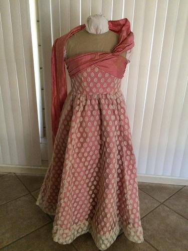 1952 reproduction retro Butterick 4918 pink silk evening dress with ivory spotted dotted net  Front