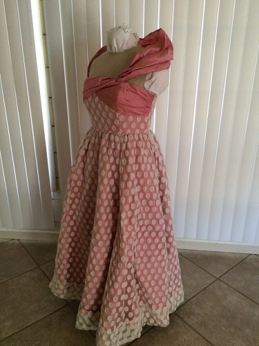 1952 reproduction retro Butterick 4918 pink silk evening dress with ivory spotted dotted net  Left 3/4 View
