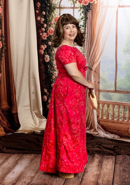 Reproduction 1963 Red Hibiscus Dress at Costume College 2024. Vogue V1965. Photo by Mark Edwards Photographer.