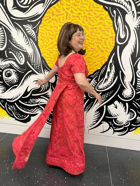 Reproduction 1963 Red Hibiscus Dress at Crocker ArtMix April 2024. Vogue V1965.